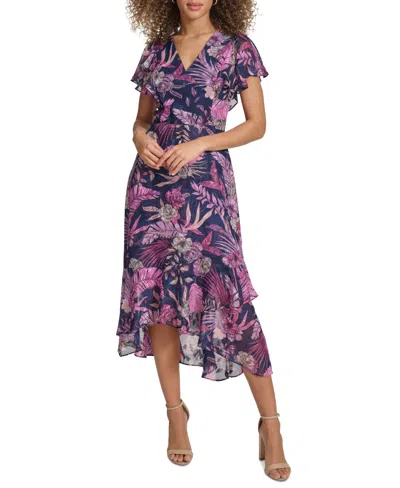 Kensie Women's Printed Flutter-sleeve Midi Dress In Navy Multicolor
