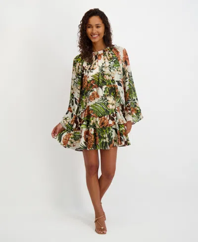 Kensie Women's Printed Ruffled Volume-sleeve Tiered Dress In Multi