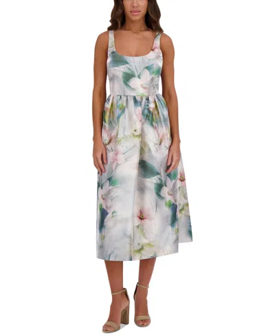 Kensie Women's Printed Shimmer Twill Scoop-neck Midi Dress In Multi