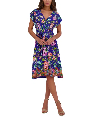 Kensie Women's Printed V-neck Smocked-back A-line Dress In Cobalt Multi