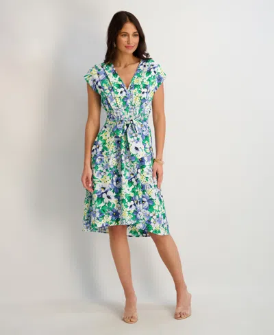 Kensie Women's Printed V-neck Smocked-back A-line Dress In Multi