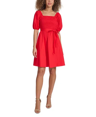 Kensie Women's Puff-sleeve Smocked A-line Dress In Red