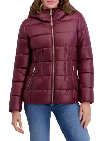 Kensie Women's Quilted Hood Puffer Jacket In Burgundy