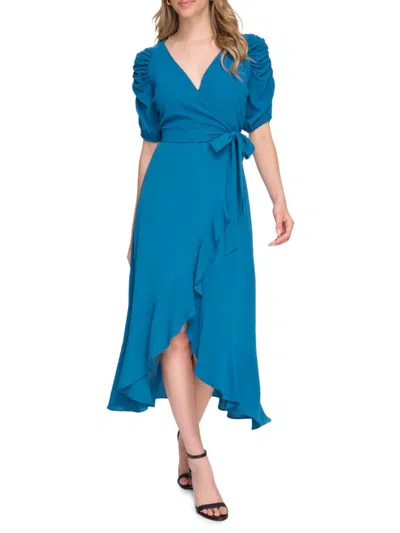 Kensie Women's Ruched-sleeve Wrap Dress In Teal