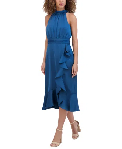 Kensie Women's Satin Ruffle-trimmed Midi Dress In Teal