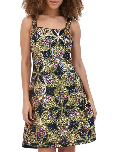 Kensie Women's Sequin Mesh Squareneck Dress In Black Multi