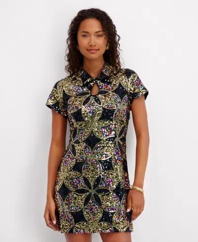 Kensie Women's Sequin Short Sleeve Shirt Dress In Multi