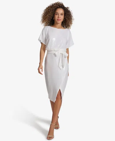 Kensie Women's Sequined Mesh Dolman-sleeve Belted Dress In White