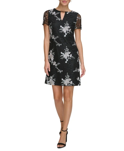 Kensie Women's Short-sleeve Embroidered-lace Sheath Dress In Black White