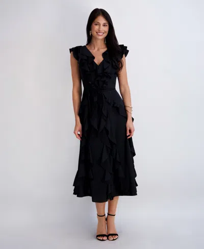 Kensie Women's Silky Woven Ruffle Midi Dress In Black