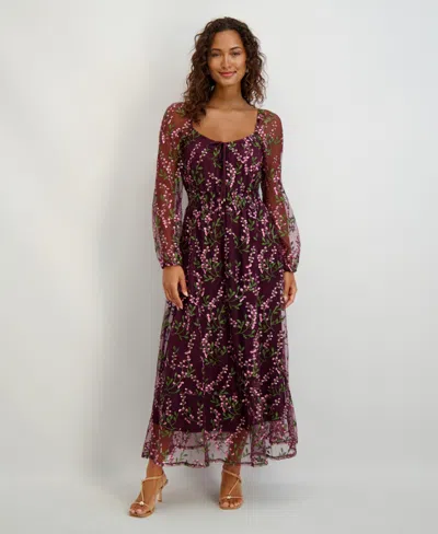 Kensie Women's Sweetheart Neck Long Sleeve Embroidered Dress In Purple