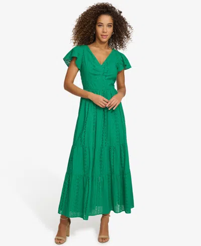 Kensie Women's Textured Eyelet-embroidered Maxi Dress In Tropical Green