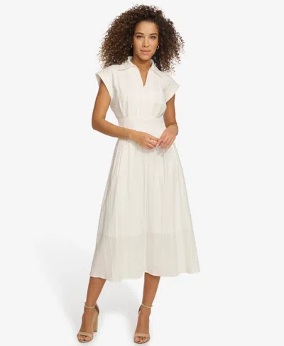 Kensie Women's Textured-stripe Collared Midi Dress In White