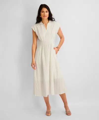 Kensie Women's Textured Stripe Midi Collared Shirt Dress In White