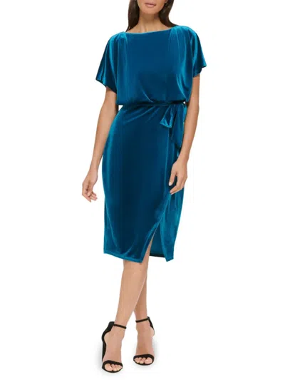Kensie Women's Tie-waist Velvet Blouson Midi-dress In Blue
