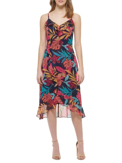 Kensie Tropical Print Ruffle Chiffon Midi Dress In Navy Multi