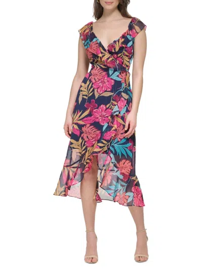 Kensie Women's Tropical Print Ruffled Midi Dress In Navy Multi