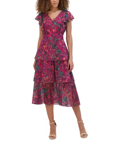 Kensie Women's V-neck Printed Ruffle Dress In Fuschia Mu