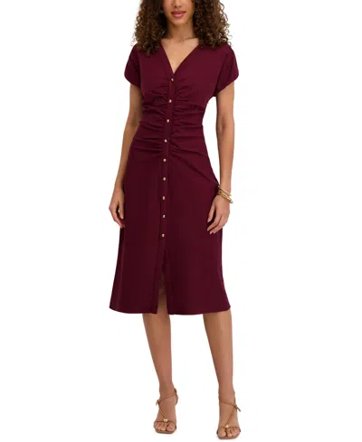 Kensie Women's V-neck Short-sleeve Midi Shirt Dress In Brown