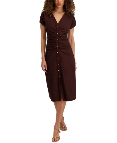 Kensie Women's V-neck Short-sleeve Midi Shirt Dress In Brown