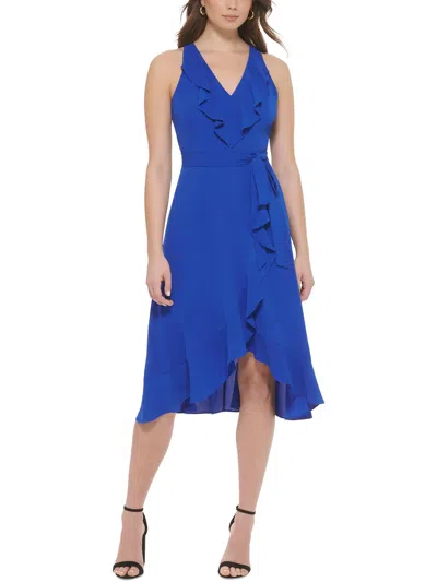 Kensie Womens Asymmetric Mid-calf Wrap Dress In Blue