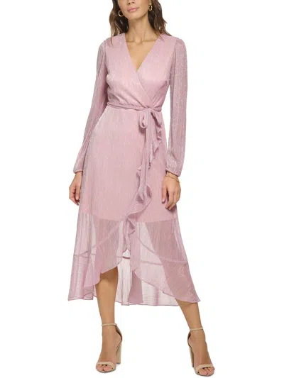 Kensie Womens Faux Wrap Metallic Midi Dress In Pink