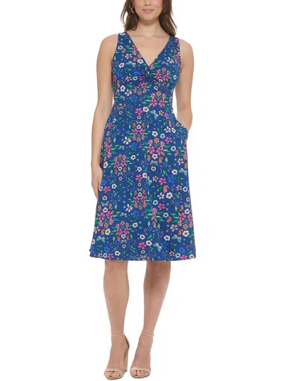 Kensie Womens Floral Print Knee-length Fit & Flare Dress In Blue