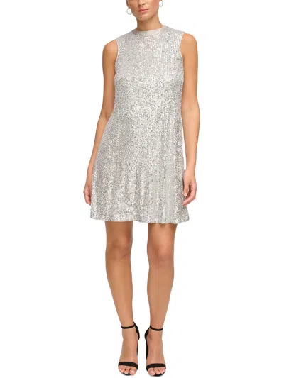 Kensie Womens Sequined Sleeveless Shift Dress In Silver