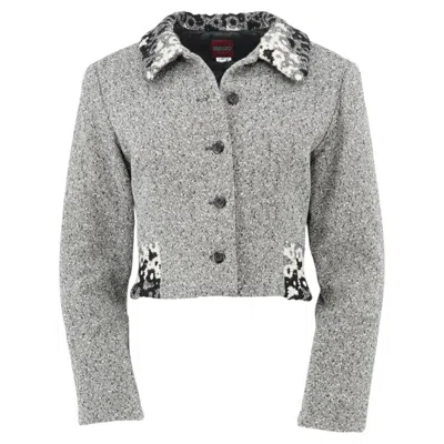 Pre-owned Kenzo 1980s  Paris Gray Donegal Tweed Cropped Blazer With Embroidered Floral Trim