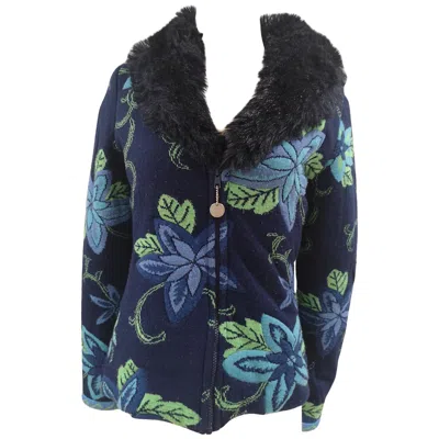 Pre-owned Kenzo 1990s  Blue Green Wool Jacket With Faux Fur Collar, Size L