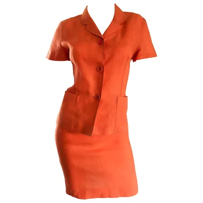 Pre-owned Kenzo 1990s  Bright Orange Linen Vintage Short Sleeve Two Piece Jacket Skirt Suit