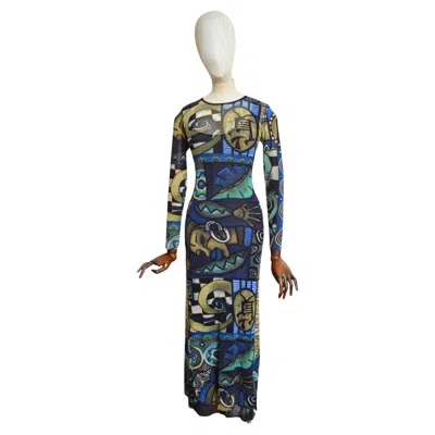 Pre-owned Kenzo 1990s  Micro Mesh Blue Abstract Art Print Long Sleeve Maxi Dress
