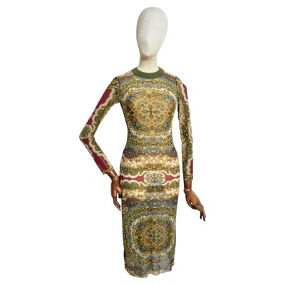 Pre-owned Kenzo 1990s  Micro Mesh Eastern Kaleidoscope Paisley Print Long Sleeve Maxi Dress In Brown