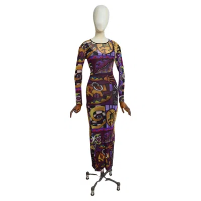 Pre-owned Kenzo 1990s  Micro Mesh Purple Abstract Art Print Long Sleeve Maxi Dress