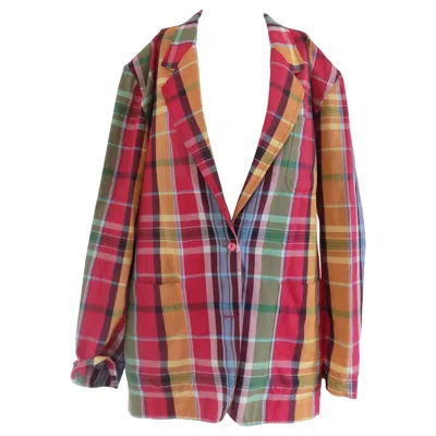 Pre-owned Kenzo 1990s Vintage Multicolour Checked Linen Cotton Jacket, Size 42 In Brown