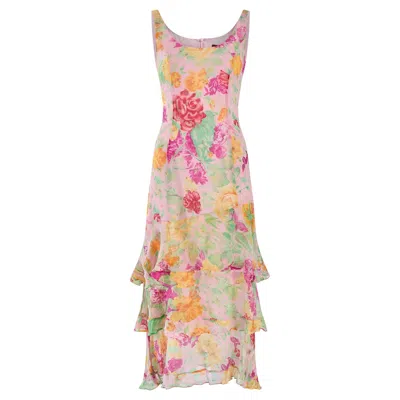 Pre-owned Kenzo 2000 Runway Documented  Floral Silk Crepe Ruffle Hem Dress In Sand