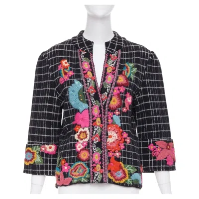 Pre-owned Kenzo 2008 Vintage Black White Grid Check Wool Vibrant Floral Embroidered Jacket