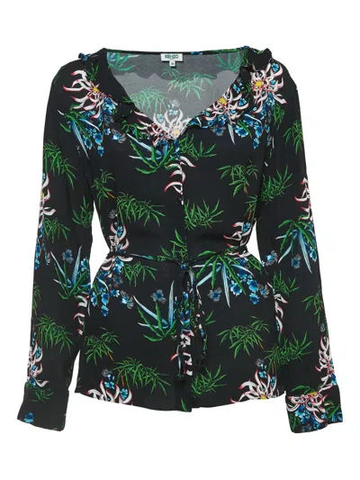 Pre-owned Kenzo 2024 Floral Bamboo Viscose Top In Black