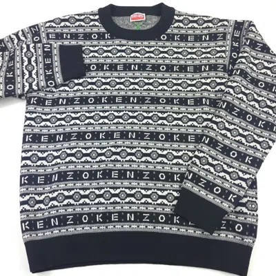 Pre-owned Kenzo $640  Logo Jacquard Black Crewneck Wool Jumper Sweater Mens Size Xl