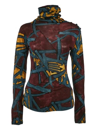 Pre-owned Kenzo Abstract-print Turtleneck Top In Brown