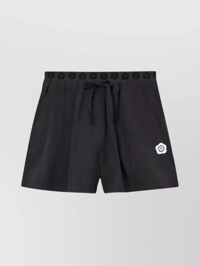 Kenzo Adjustable Drawstring Waistband Shorts With Floral Pattern In Black