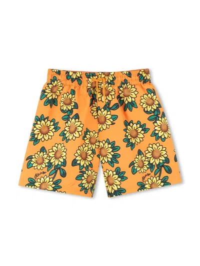 Kenzo Kids' All-over Floral Print Swimming Shorts In Orange