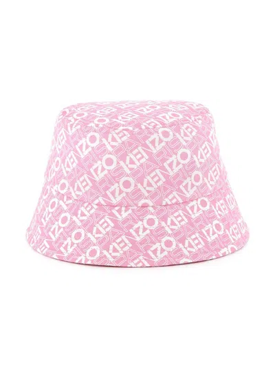 Kenzo Kids' All-over Logo Print Bucket Hat In 粉色