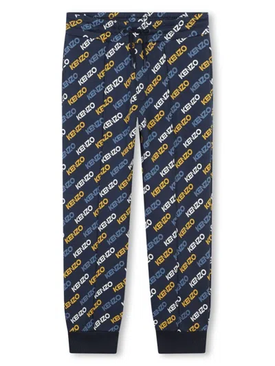Kenzo Kids' All-over Logo-print Cotton Track Pants In Blue