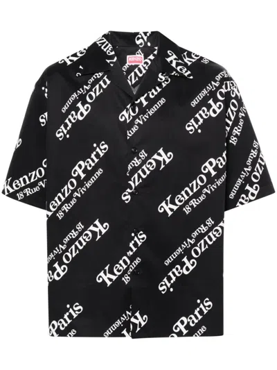 Kenzo Allover Logo Cotton Shirt In Black
