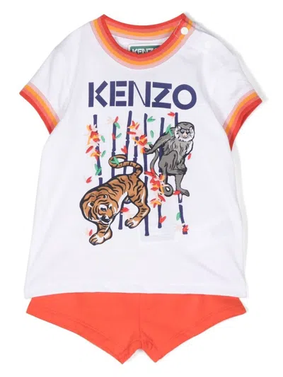 Kenzo Babies' Animal-print T-shirt And Shorts In Bianco