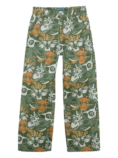 Kenzo Kids' Animal-print Trousers In Green