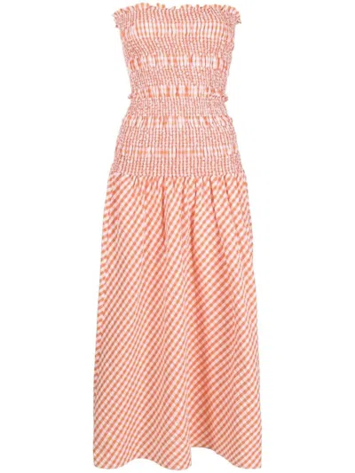 Kenzo Ankle-length Gingham Dress With Smocked Bodice In Orange
