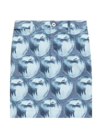 Kenzo Apple Pop Printed Straight Mini Denim Skirt In Blue