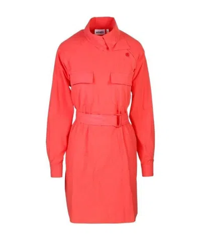 Kenzo Asymmetric Neckline Belted Shirt Dress In Orange